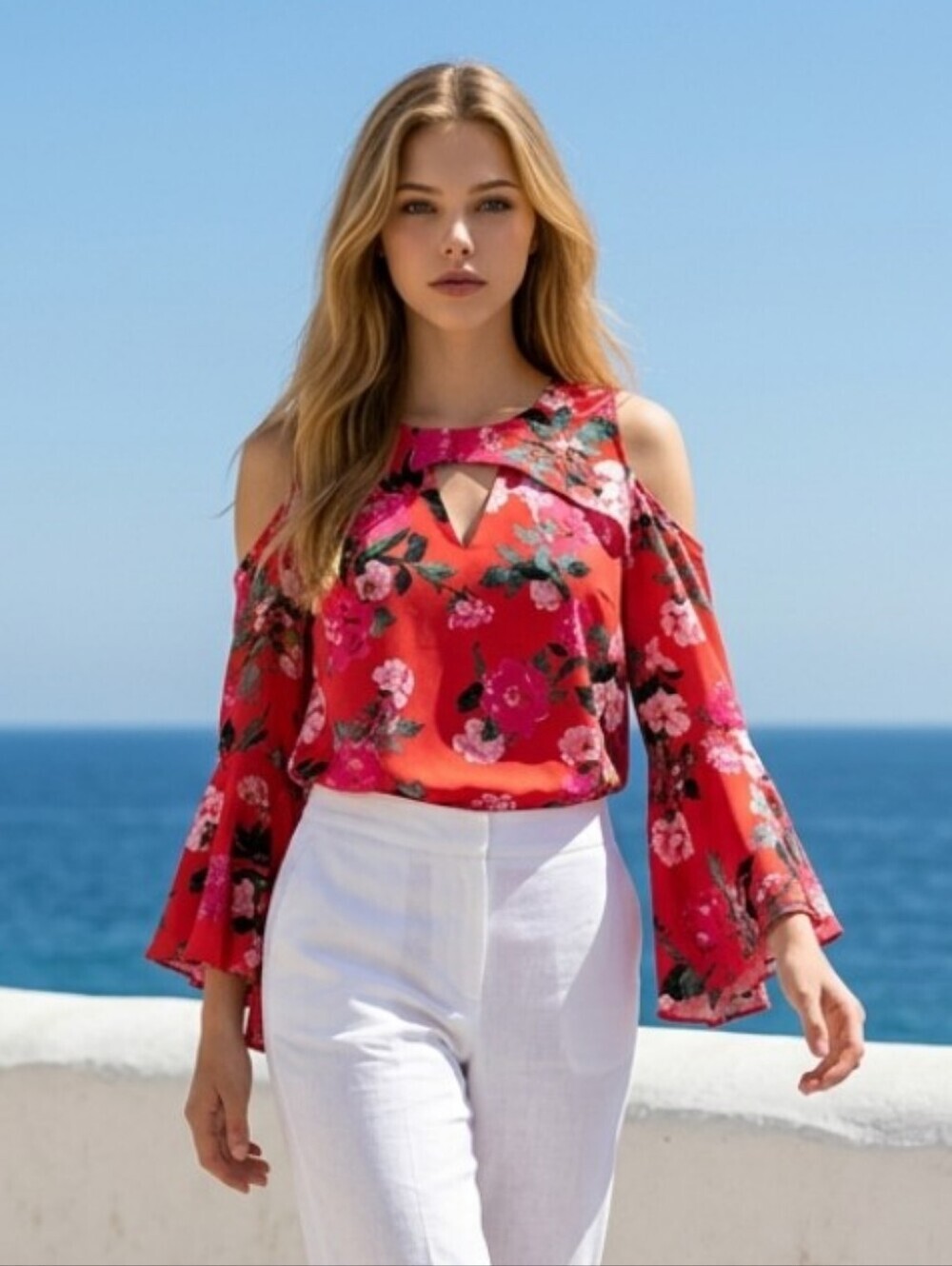 Belle Sky Women's Darker Floral Print Cold Shoulder Blouse Bell Sleeves Size XL